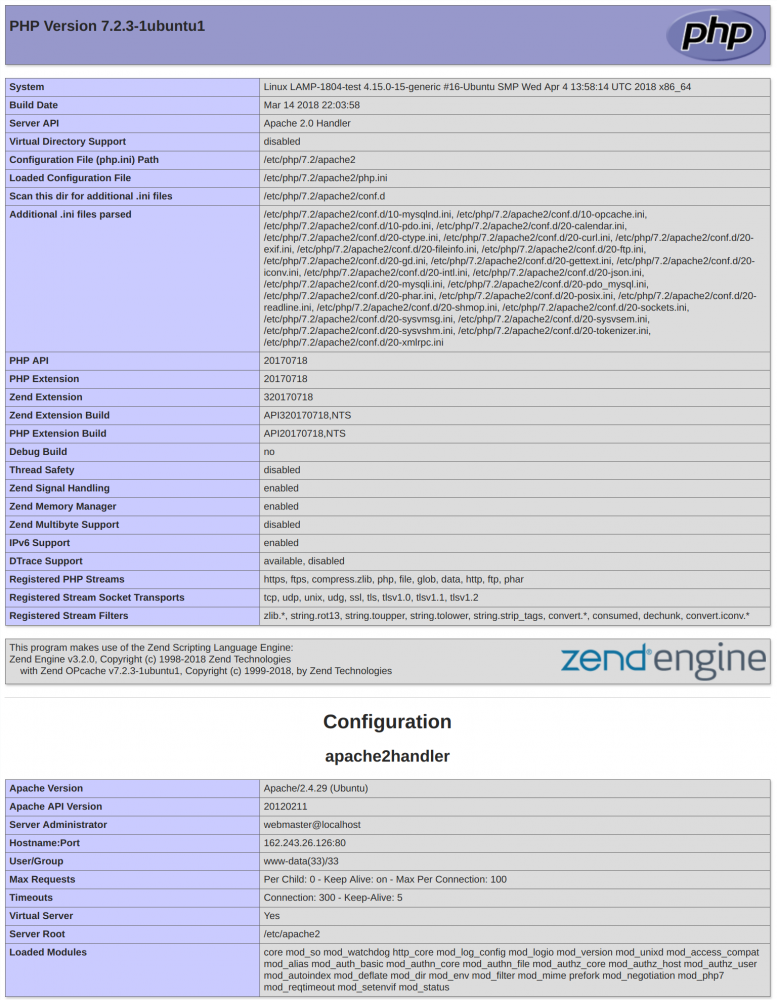 Ubuntu 18.04 default PHP info